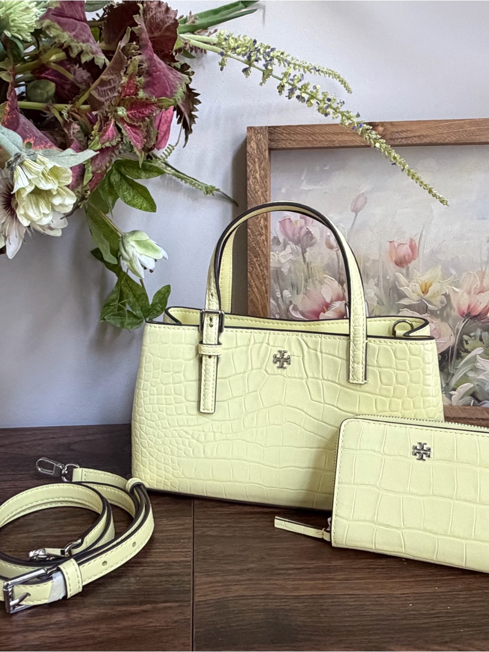 Tory Burch Croc Embossed Tote Crossbody + Wallet Set NWOT